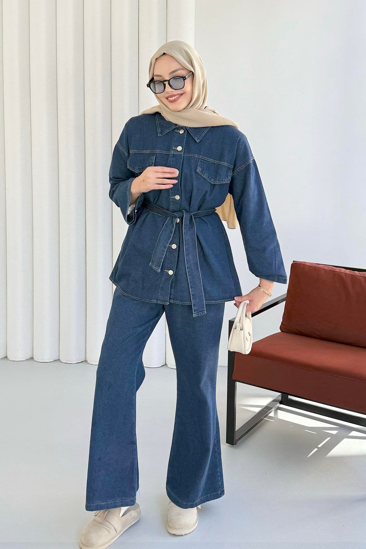 Önü Düğmeli Kuşaklı Denim İkili Takım Lacivert - 8923
