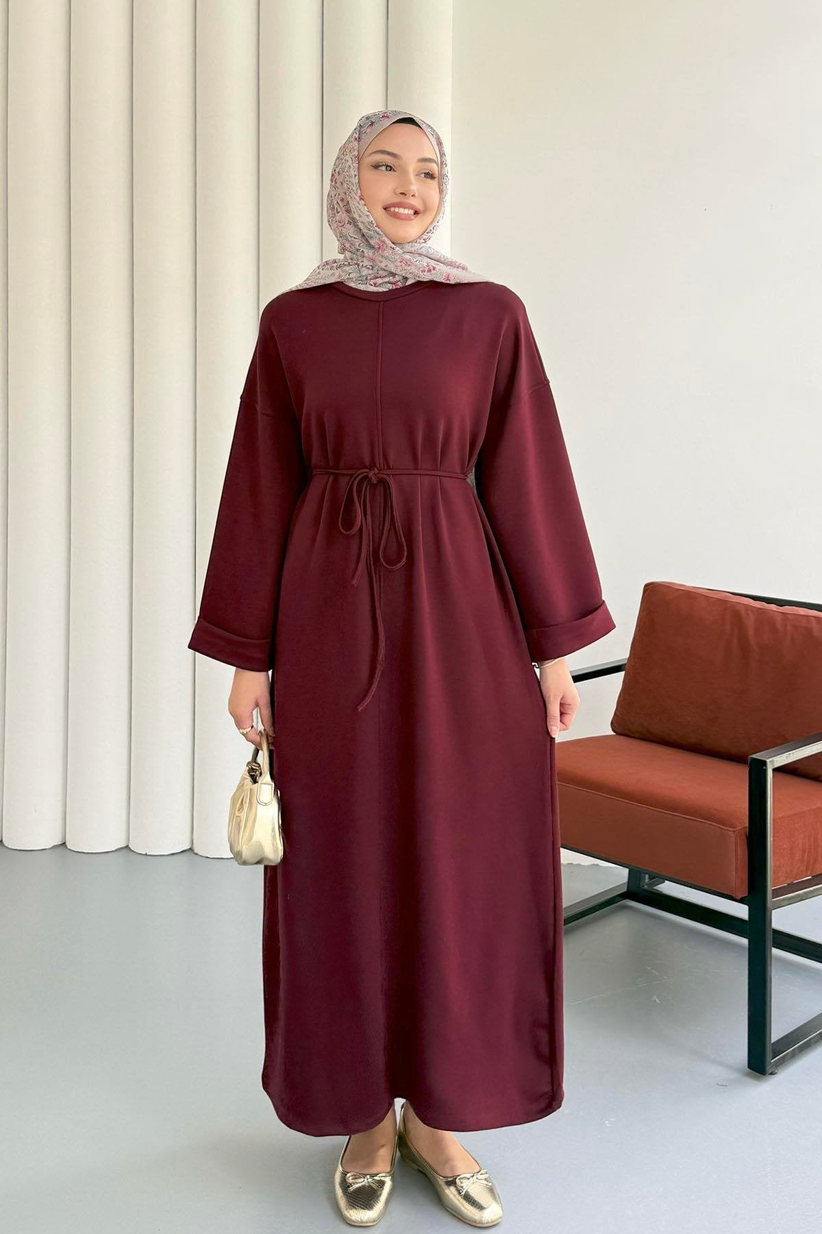 Bisiklet yaka Bel Bağlamalı Uzun Oysho Tunik Elbise 8904 - Bordo