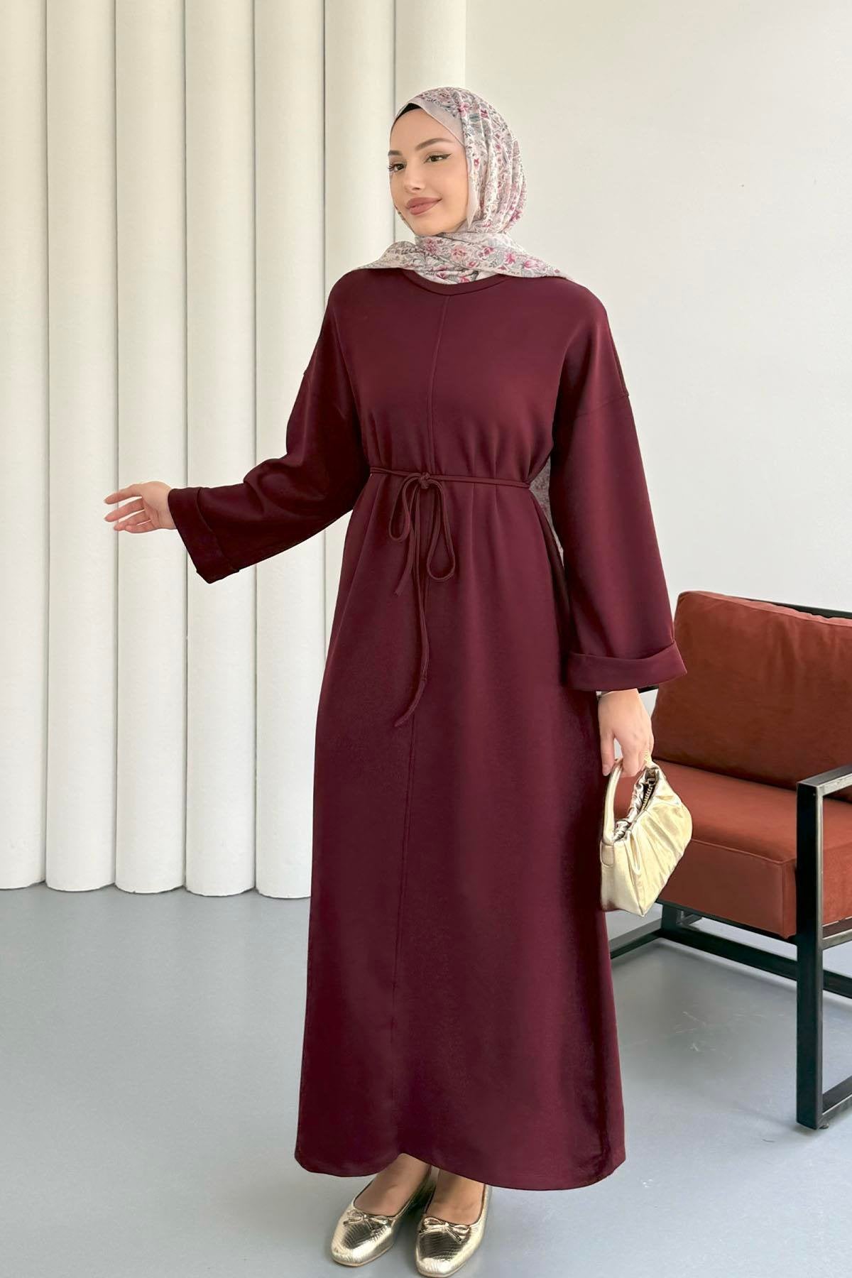 Bisiklet yaka Bel Bağlamalı Uzun Oysho Tunik Elbise 8904 - Bordo