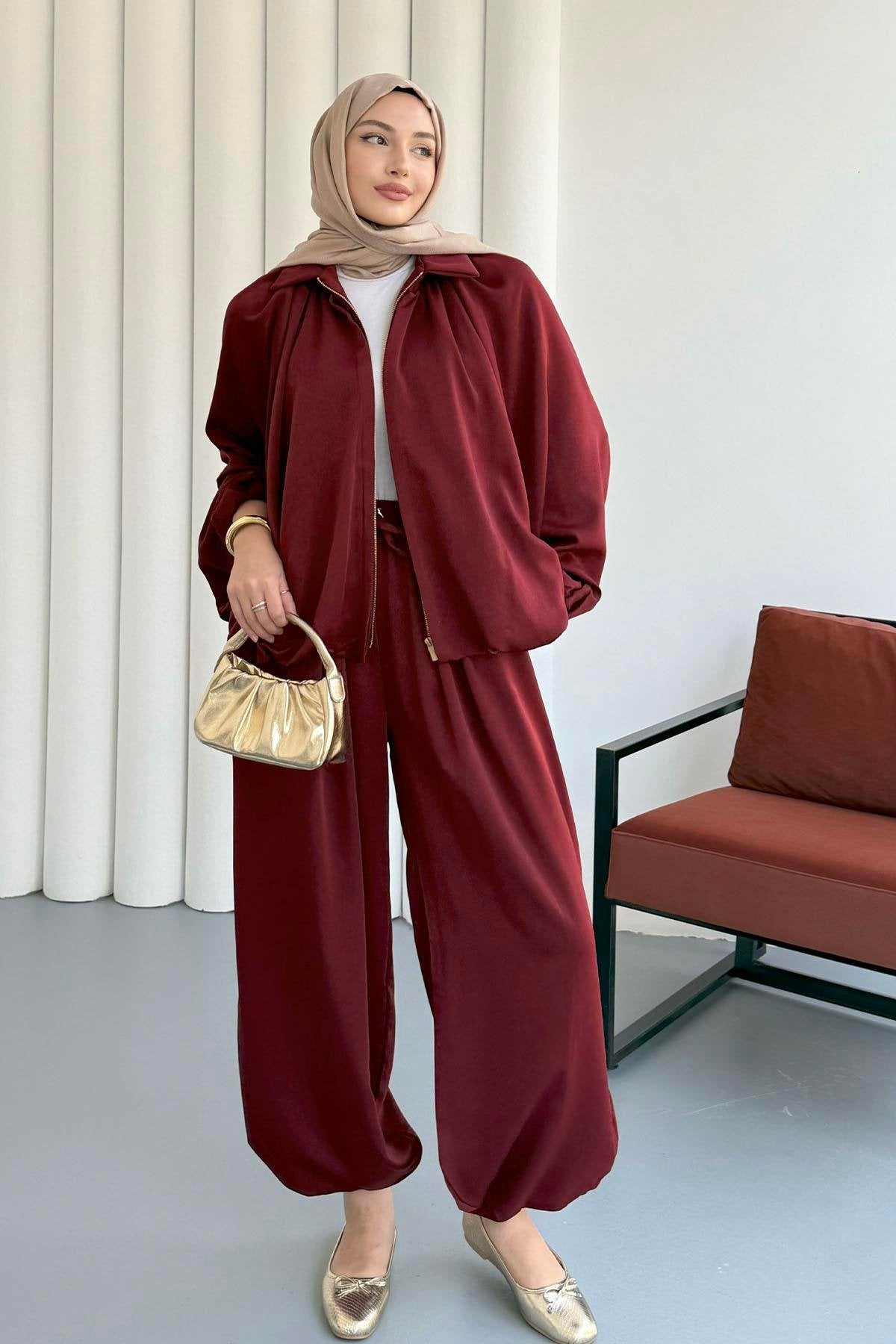 Saten Büzgülü Pileli Bumber Ceket Pantolon Takım 3015 - Bordo