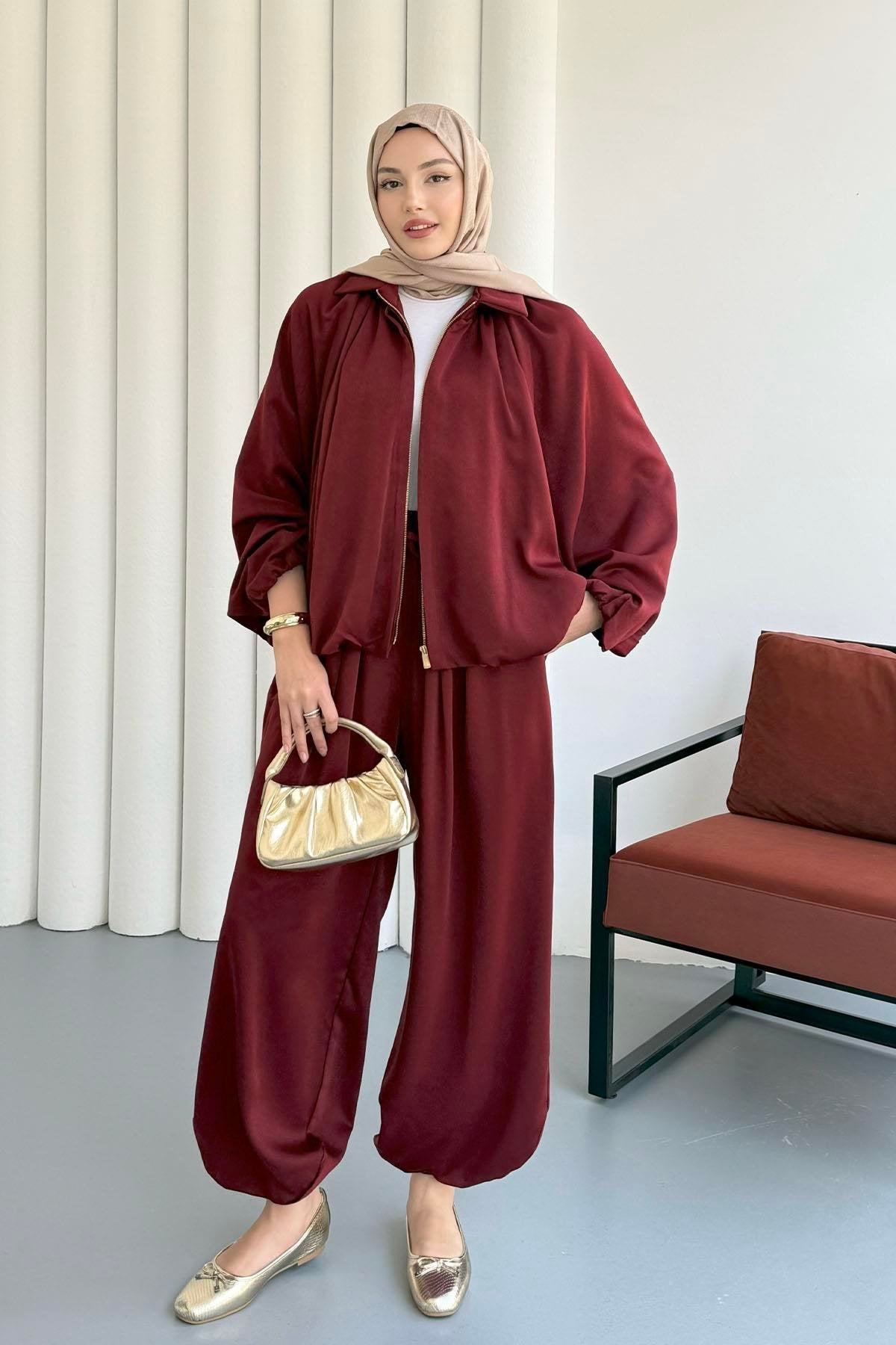 Saten Büzgülü Pileli Bumber Ceket Pantolon Takım 3015 - Bordo