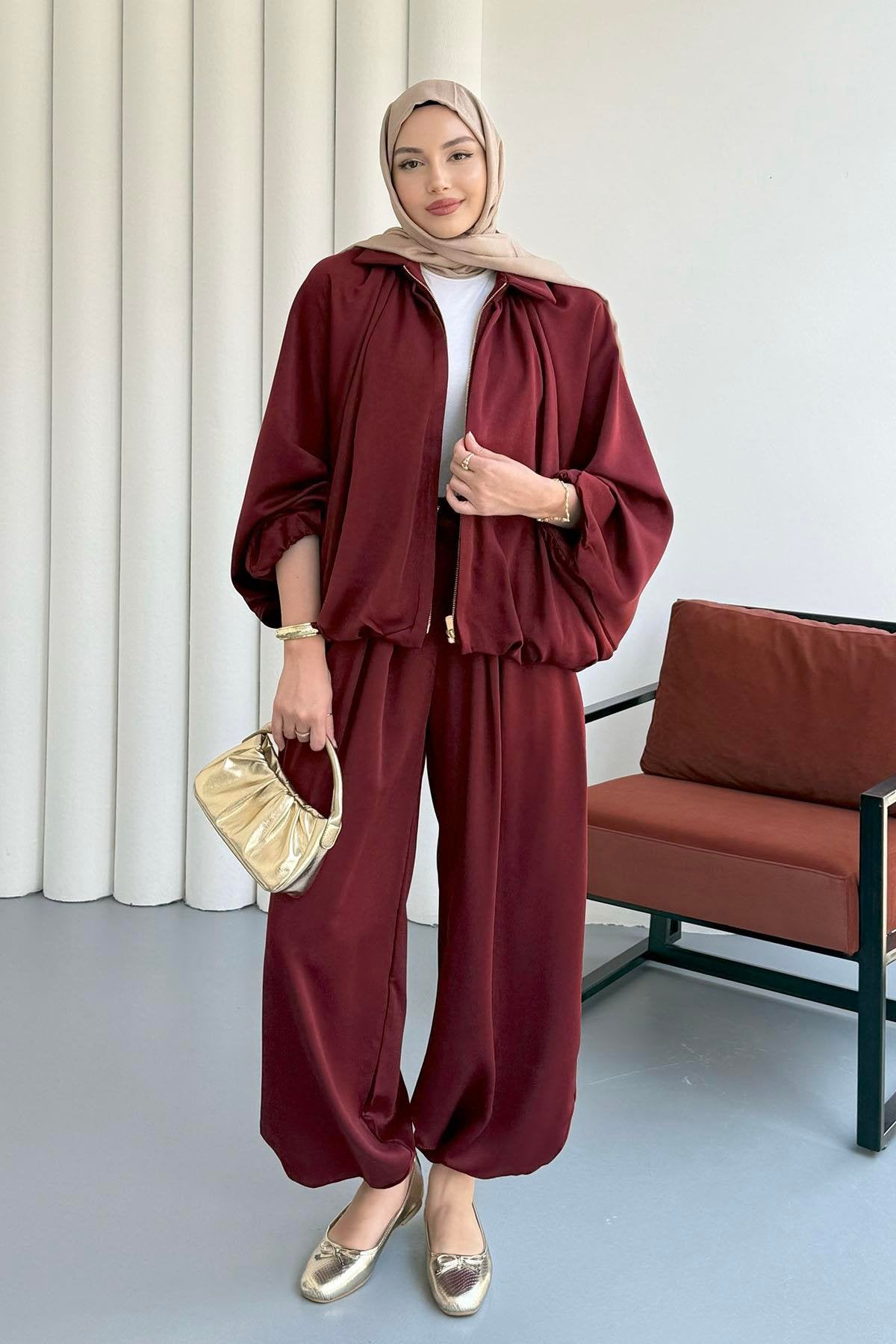 Saten Büzgülü Pileli Bumber Ceket Pantolon Takım 3015 - Bordo