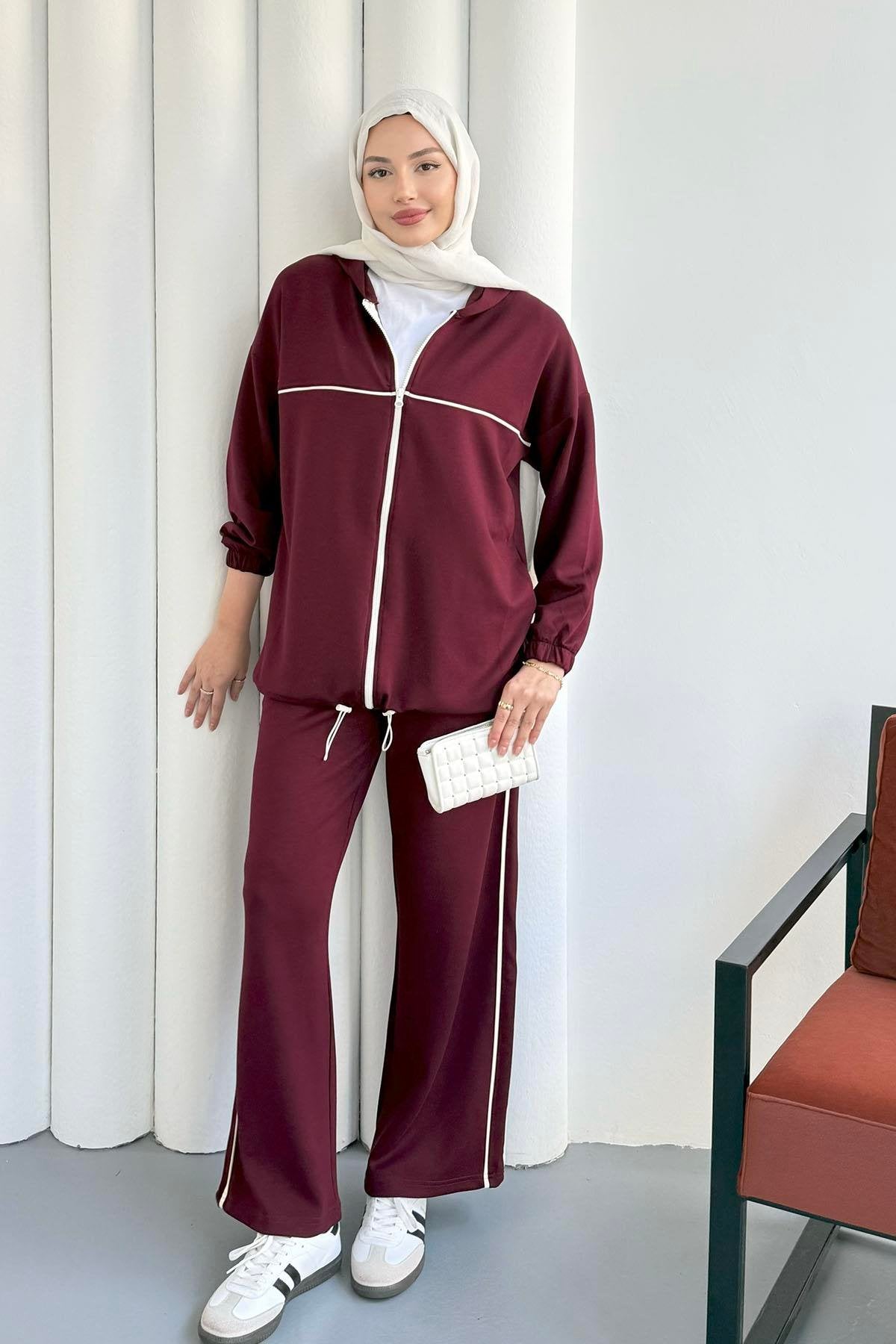 Çizgi Detaylı Fermuarlı Kapüşonlu İkili Takım 30111 - Bordo
