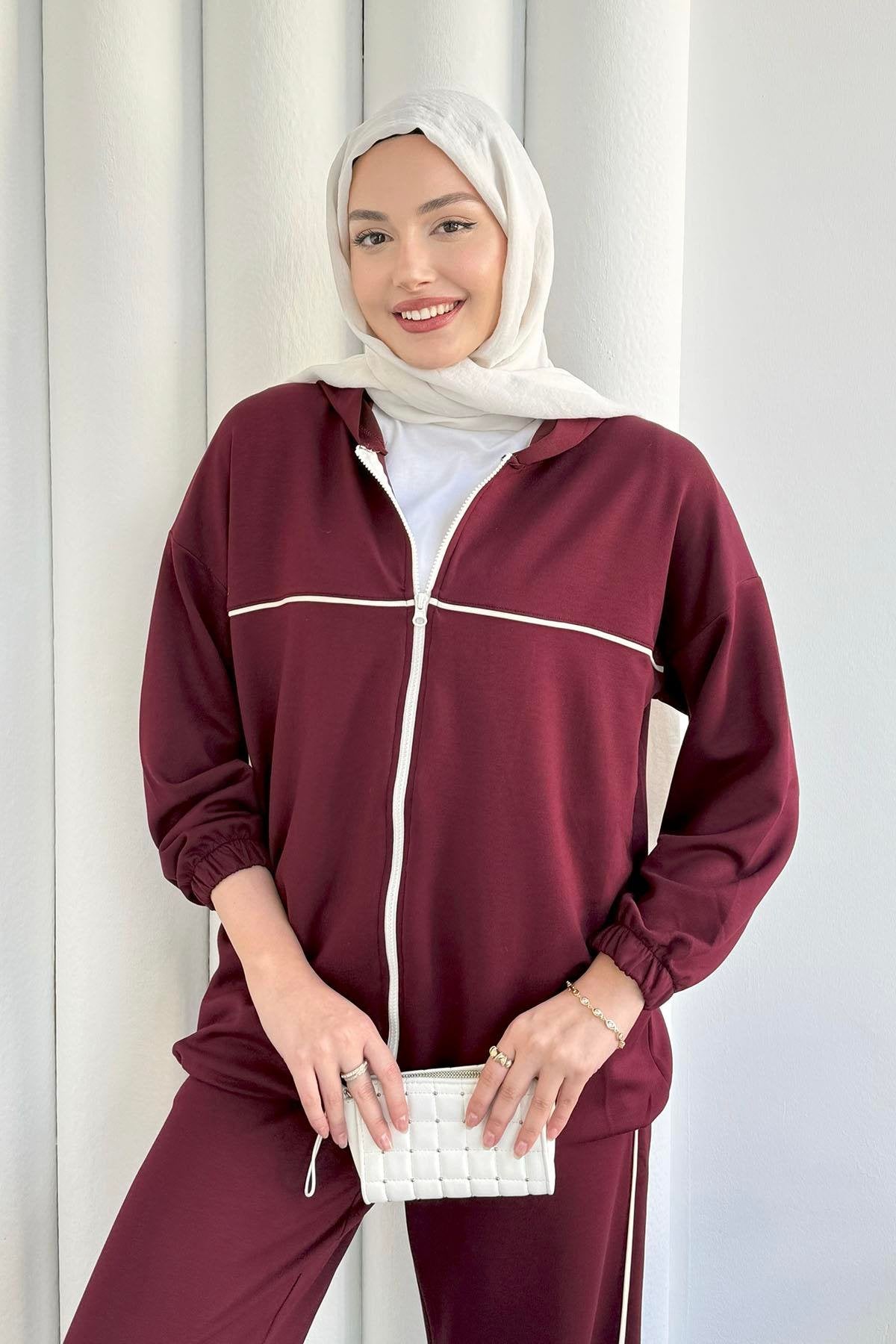 Çizgi Detaylı Fermuarlı Kapüşonlu İkili Takım 30111 - Bordo
