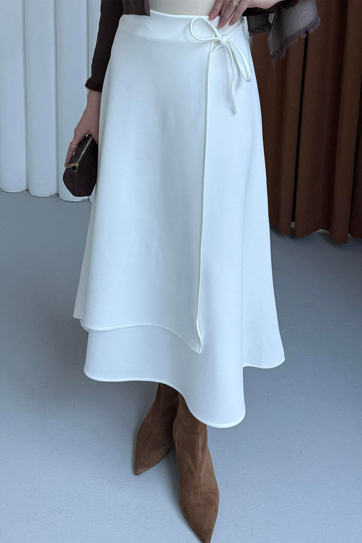 Yandan Bağlamalı Katlı Scuba Etek 8958 - Beyaz