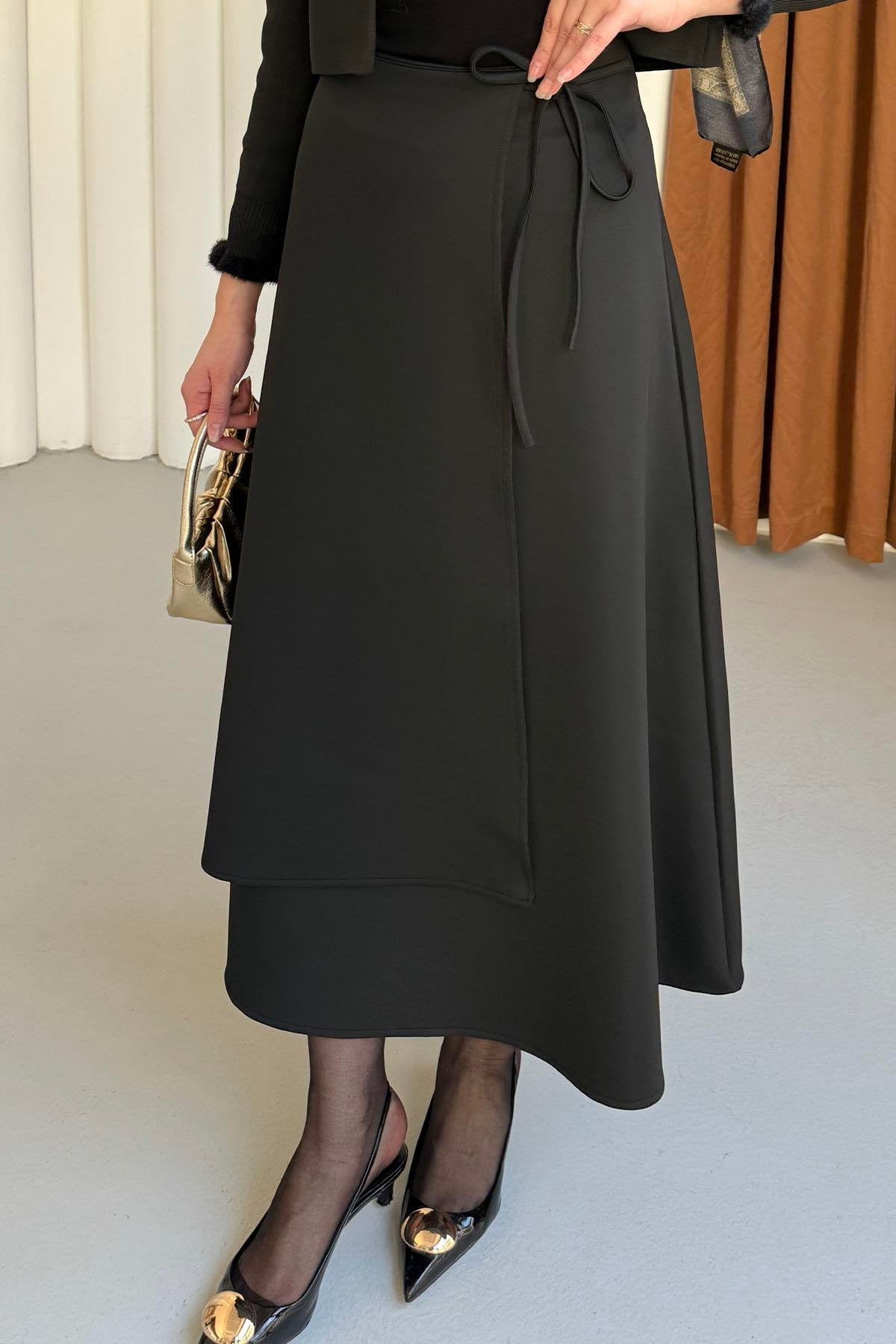 Yandan Bağlamalı Katlı Scuba Etek 8958 - Siyah