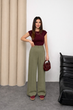 Yüksek Bel Beli İçten Lastikli Çima Detaylı Geniş Paça Pantolon 8908 - Yeşil