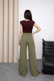 Yüksek Bel Beli İçten Lastikli Çima Detaylı Geniş Paça Pantolon 8908 - Yeşil
